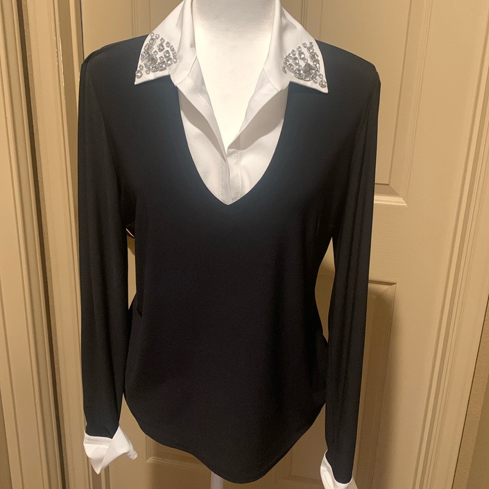 Joseph Ribkoff black and white top with fun faux gemstones on collar. Size 12